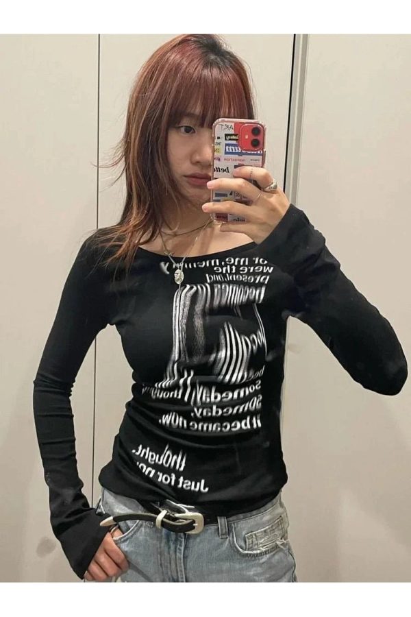 Distorted Text Print Long Sleeve Top - Y2K Fashion Outfit Inspiration