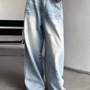 Distressed Light-Wash Wide-Leg Jeans for Cute 2000s Outfits & Y2K Fashion