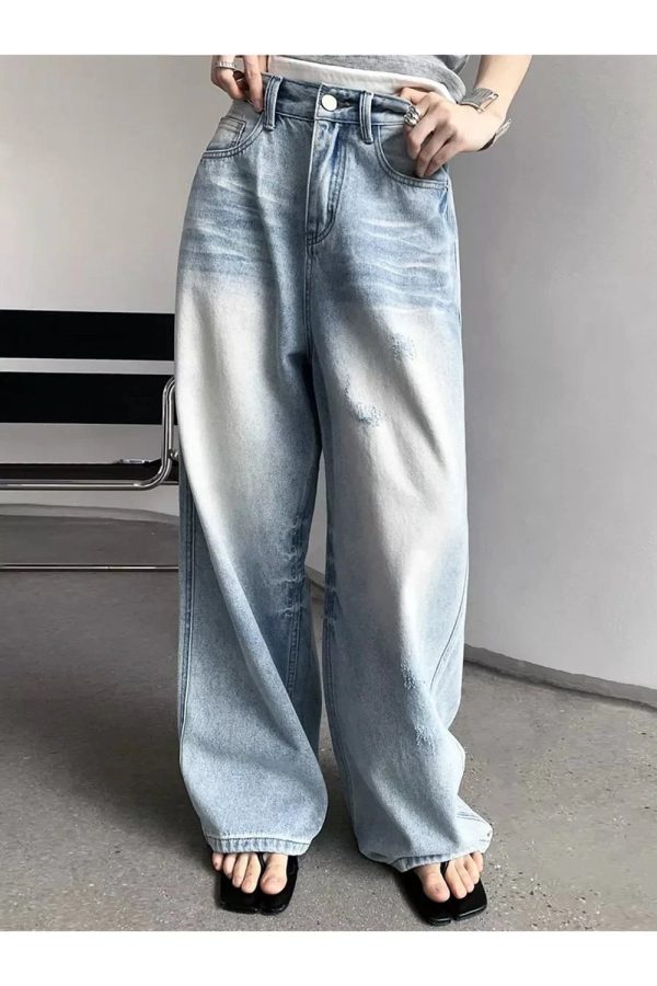 Distressed Light-Wash Wide-Leg Jeans for Cute 2000s Outfits & Y2K Fashion