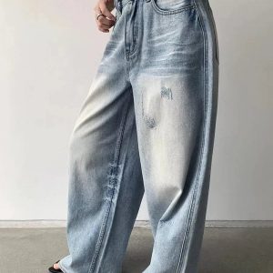 Distressed Light-Wash Wide-Leg Jeans for Cute 2000s Outfits & Y2K Fashion