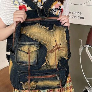 Distressed Vintage Denim Backpack - Y2K Fashion, 2000s Style Essential