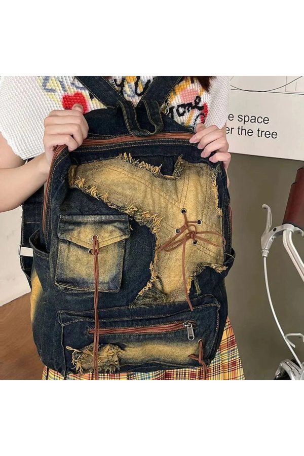 Distressed Vintage Denim Backpack - Y2K Fashion, 2000s Style Essential