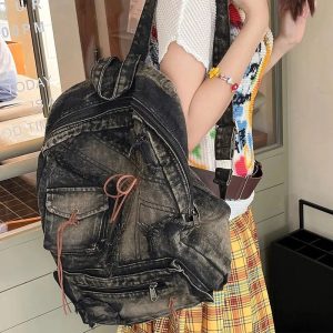 Distressed Vintage Denim Backpack - Y2K Fashion, 2000s Style Essential