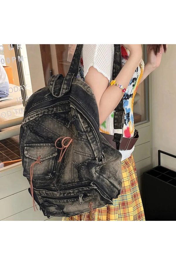 Distressed Vintage Denim Backpack - Y2K Fashion, 2000s Style Essential