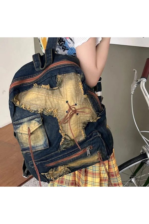 Distressed Vintage Denim Backpack - Y2K Fashion, 2000s Style Essential