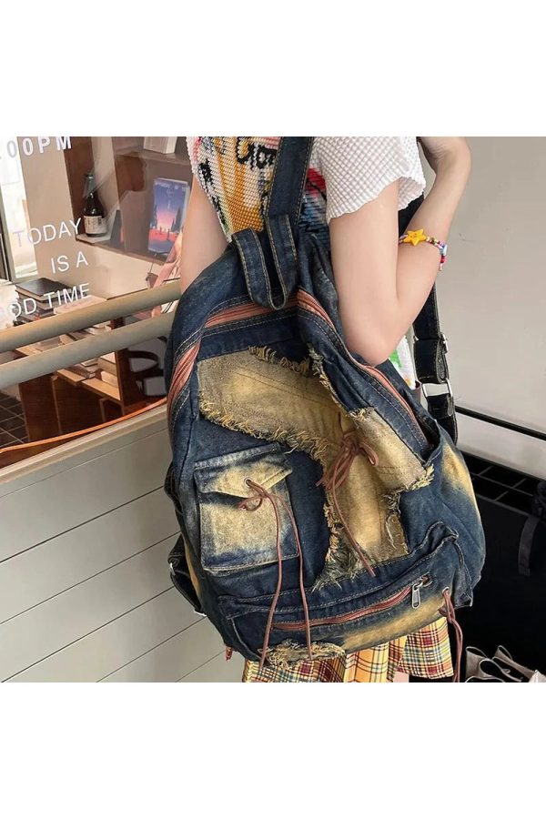 Distressed Vintage Denim Backpack - Y2K Fashion, 2000s Style Essential