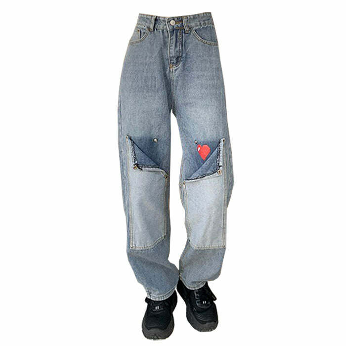 Early 2000s Pixel Heart Wide Jeans - Iconic Y2K Fashion Outfit