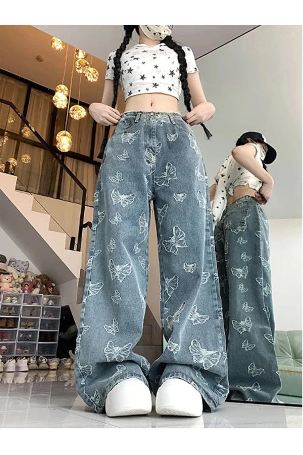 Fall Butterfly Dream Wide-Leg Jeans - Y2K Fashion Outfits for Women