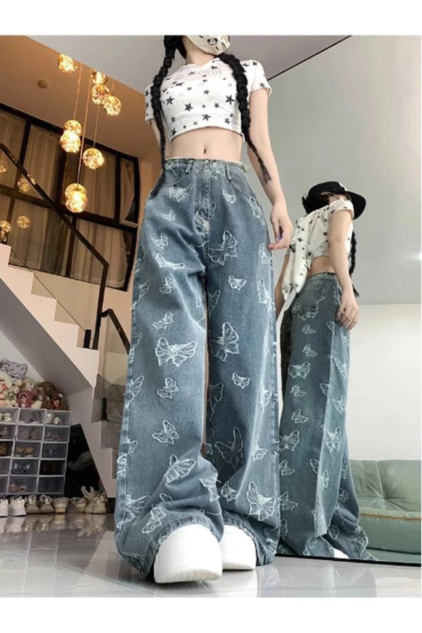 Fall Butterfly Dream Wide-Leg Jeans - Y2K Fashion Outfits for Women