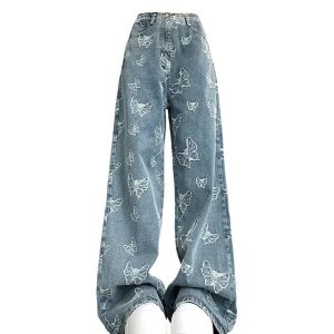 Fall Butterfly Dream Wide-Leg Jeans - Y2K Fashion Outfits for Women