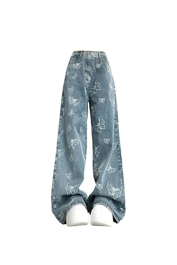 Fall Butterfly Dream Wide-Leg Jeans - Y2K Fashion Outfits for Women