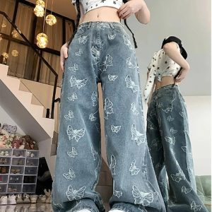 Fall Butterfly Dream Wide-Leg Jeans - Y2K Fashion Outfits for Women