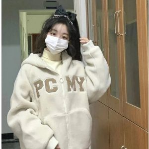 Fall Cozy Varsity Fleece Zip-Up Hoodie | Y2K Fashion Outfits 2000s Style