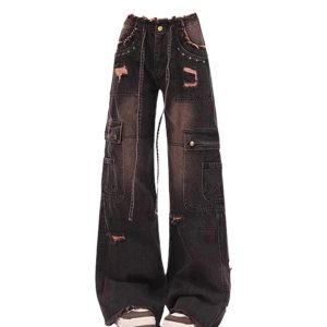 Fall Dark Cargo Distressed Jeans - Y2K Fashion Outfit for 2000s Style