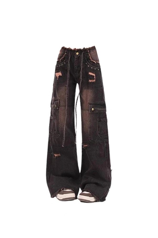 Fall Dark Cargo Distressed Jeans - Y2K Fashion Outfit for 2000s Style