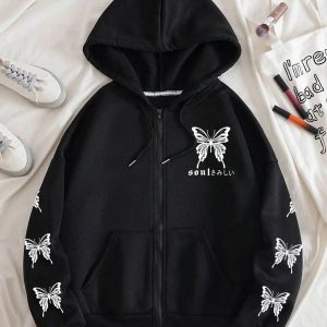 Fall Gothic Butterfly Zip-Up Hoodie - Y2K Fashion Outfit for 2000s Style