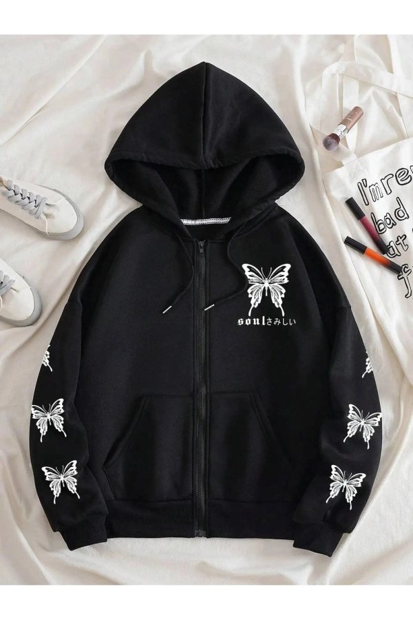 Fall Gothic Butterfly Zip-Up Hoodie - Y2K Fashion Outfit for 2000s Style