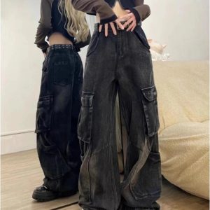 Fall Gothic Cargo Flare Jeans - Y2K Fashion Outfits & 2000s Style