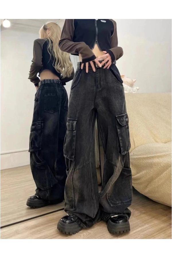 Fall Gothic Cargo Flare Jeans - Y2K Fashion Outfits & 2000s Style