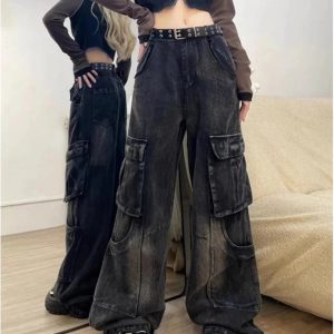 Fall Gothic Cargo Flare Jeans - Y2K Fashion Outfits & 2000s Style