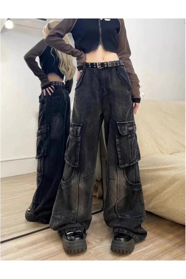 Fall Gothic Cargo Flare Jeans - Y2K Fashion Outfits & 2000s Style