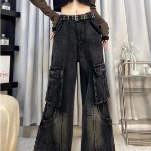 Fall Gothic Cargo Flare Jeans - Y2K Fashion Outfits & 2000s Style