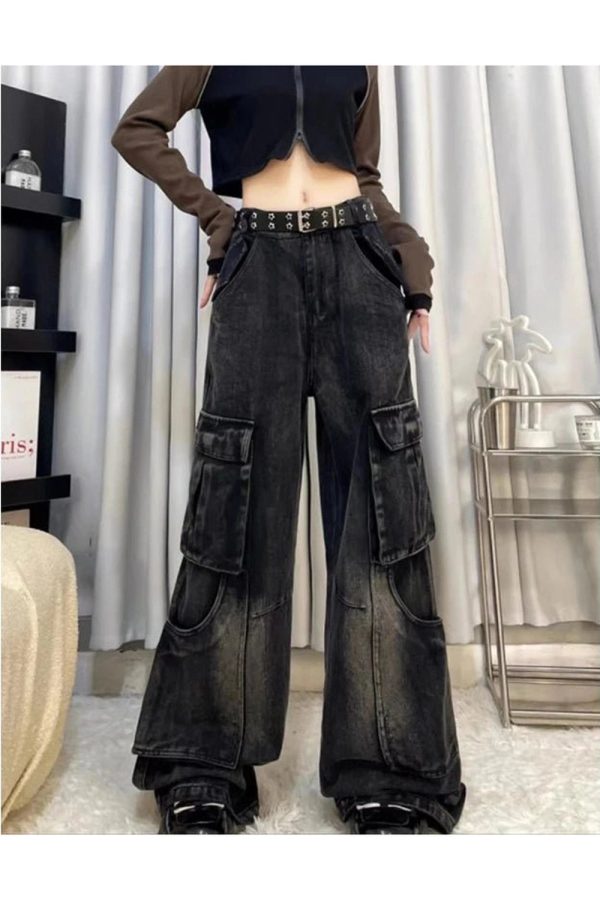 Fall Gothic Cargo Flare Jeans - Y2K Fashion Outfits & 2000s Style