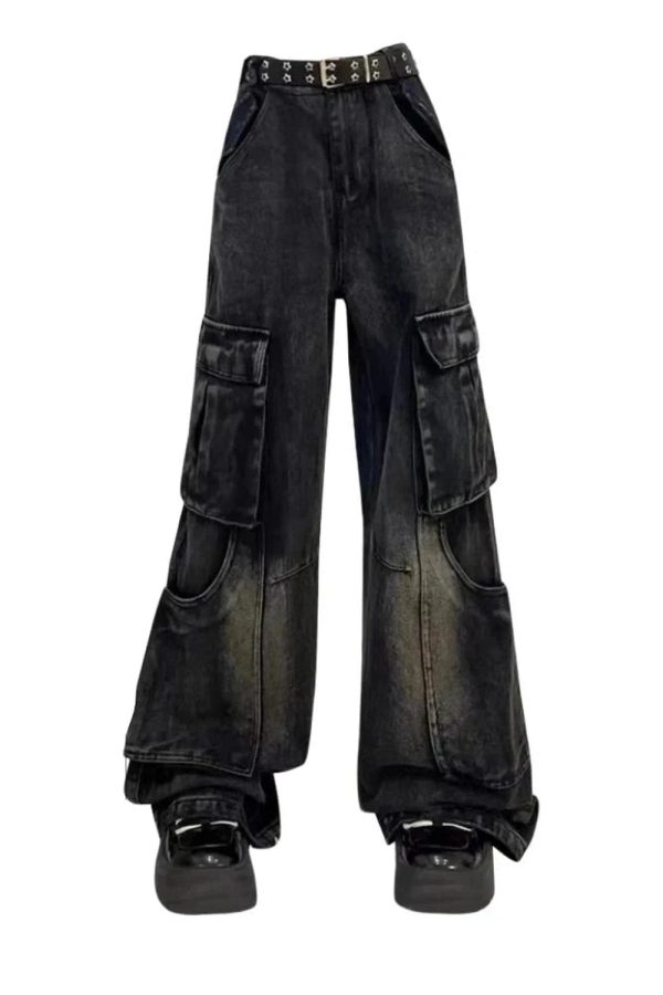 Fall Gothic Cargo Flare Jeans - Y2K Fashion Outfits & 2000s Style