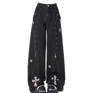 Fall Gothic Cross Flare Jeans - Y2K Fashion, Cute 2000s Outfits, McBling Style