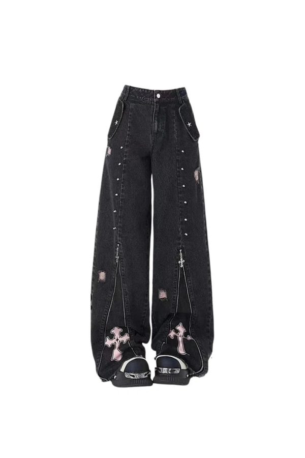 Fall Gothic Cross Flare Jeans - Y2K Fashion, Cute 2000s Outfits, McBling Style