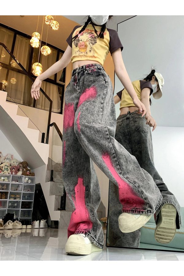 Fall Graffiti Splash Wide-Leg Jeans - Y2K Fashion Outfits & Trends