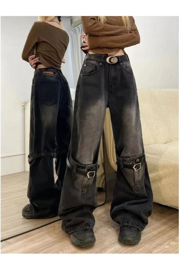 Fall Grunge Buckle Wide-Leg Jeans - Cute 2000s Outfits & Y2K Fashion