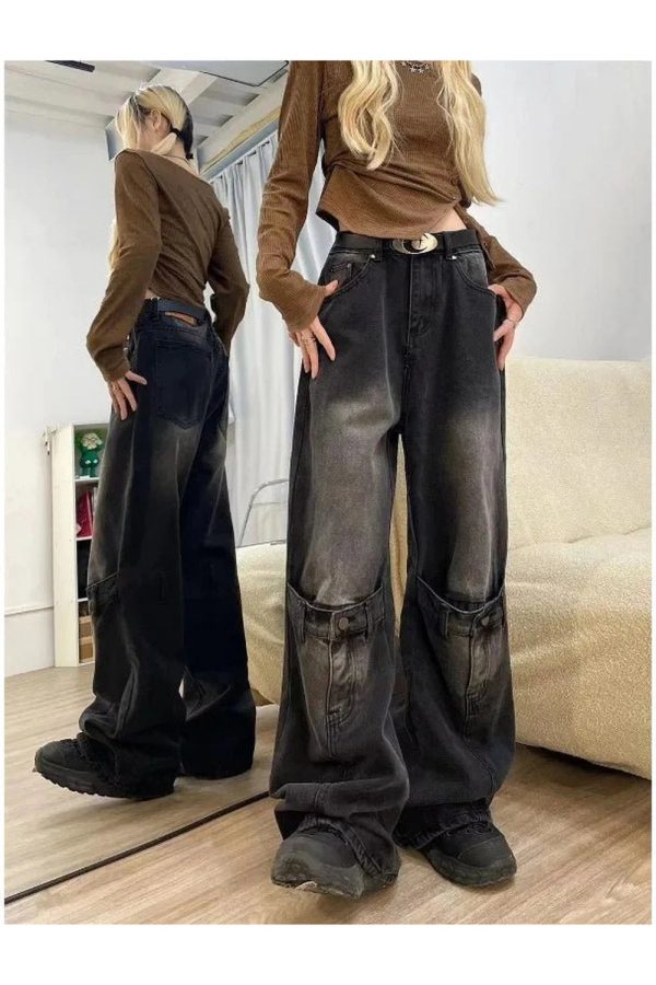 Fall Grunge Buckle Wide-Leg Jeans - Cute 2000s Outfits & Y2K Fashion