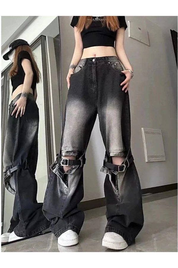 Fall Grunge Buckle Wide-Leg Jeans - Cute 2000s Outfits & Y2K Fashion