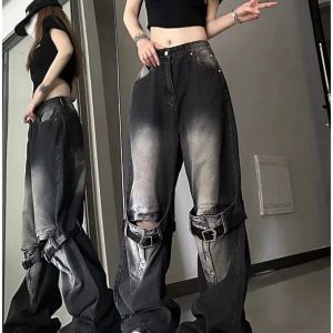 Fall Grunge Buckle Wide-Leg Jeans - Cute 2000s Outfits & Y2K Fashion