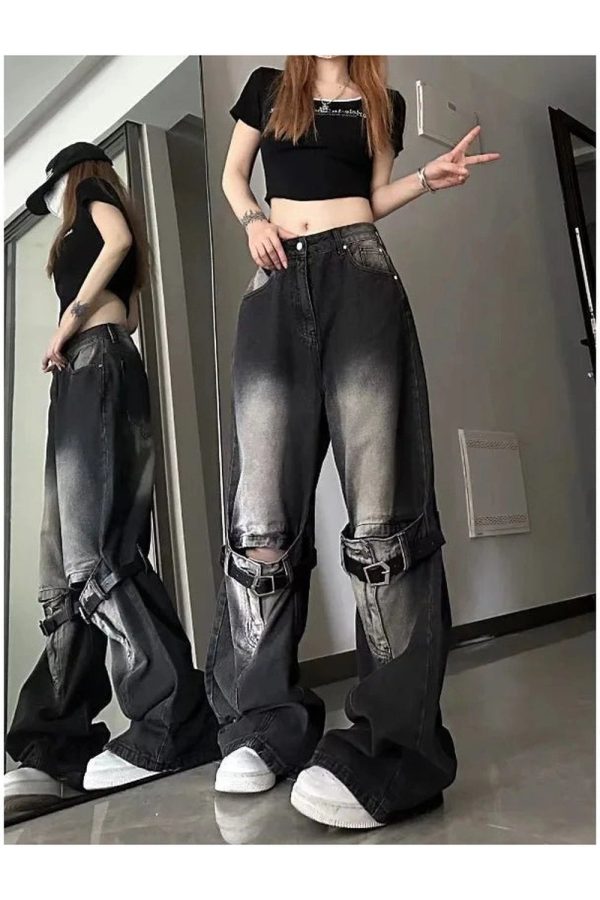 Fall Grunge Buckle Wide-Leg Jeans - Cute 2000s Outfits & Y2K Fashion