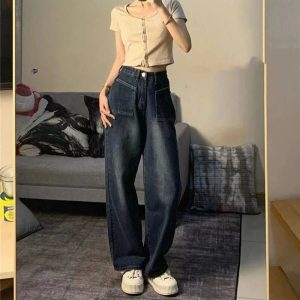 Fall Midnight Pocket Wide-Leg Jeans - Y2K Fashion Outfits for Women