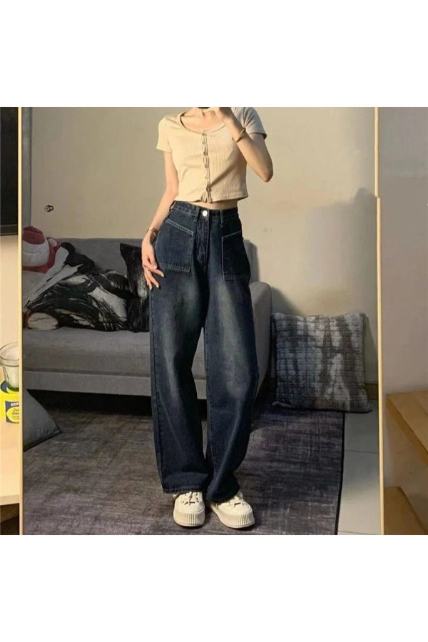 Fall Midnight Pocket Wide-Leg Jeans - Y2K Fashion Outfits for Women