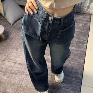 Fall Midnight Pocket Wide-Leg Jeans - Y2K Fashion Outfits for Women