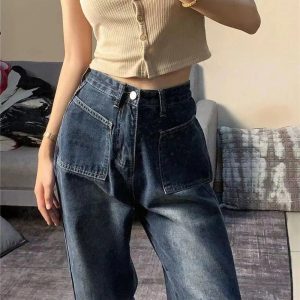 Fall Midnight Pocket Wide-Leg Jeans - Y2K Fashion Outfits for Women