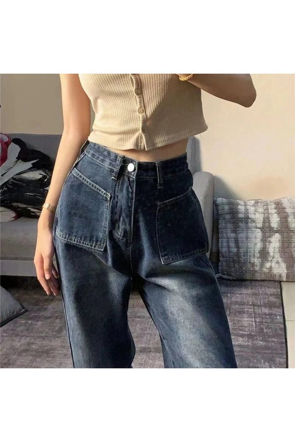 Fall Midnight Pocket Wide-Leg Jeans - Y2K Fashion Outfits for Women