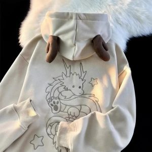 Fall Mystic Dragon Hoodie with Horns - Y2K Fashion, 2000s Outfit Inspiration