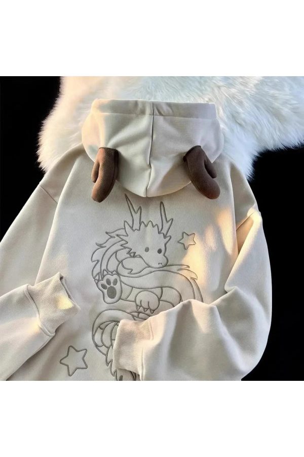 Fall Mystic Dragon Hoodie with Horns - Y2K Fashion, 2000s Outfit Inspiration