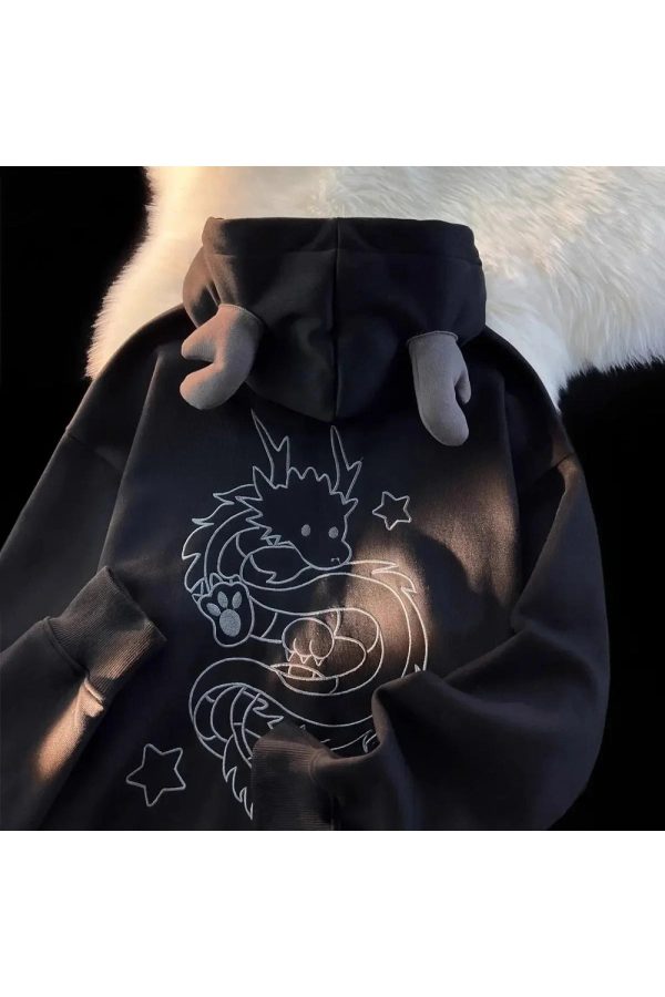 Fall Mystic Dragon Hoodie with Horns - Y2K Fashion, 2000s Outfit Inspiration