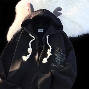 Fall Mystic Dragon Hoodie with Horns - Y2K Fashion, 2000s Outfit Inspiration