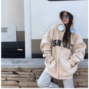 Fall Neutral Varsity Zip-Up Hoodie - Y2K Fashion Inspiration Outfit