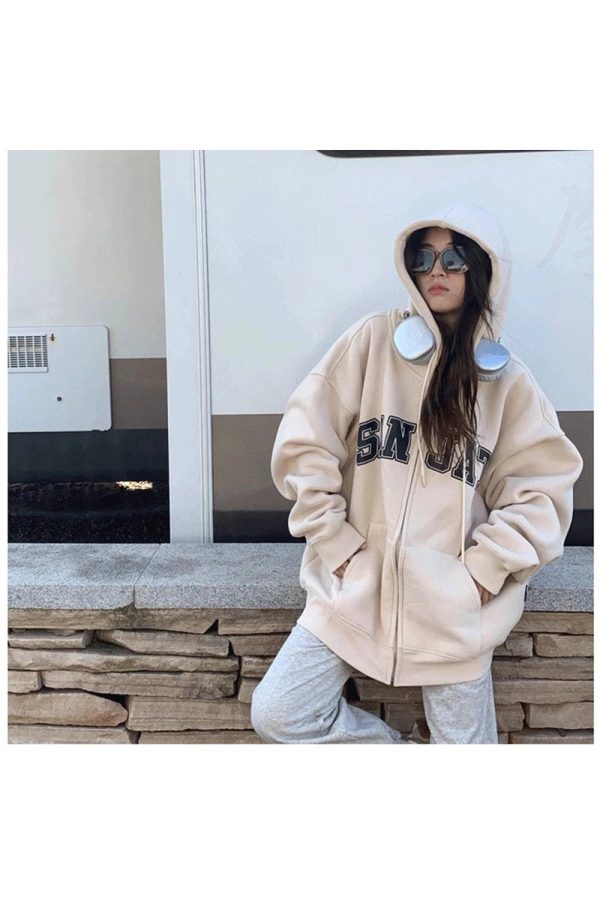 Fall Neutral Varsity Zip-Up Hoodie - Y2K Fashion Inspiration Outfit