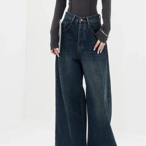 Fall Oversized Dark Wash Wide-Leg Jeans - Y2K Fashion Outfit Inspiration