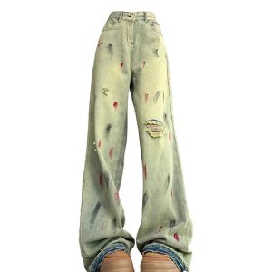 Fall Paint Splatter Grunge Wide-Leg Jeans - Y2K Fashion Outfits 2000s