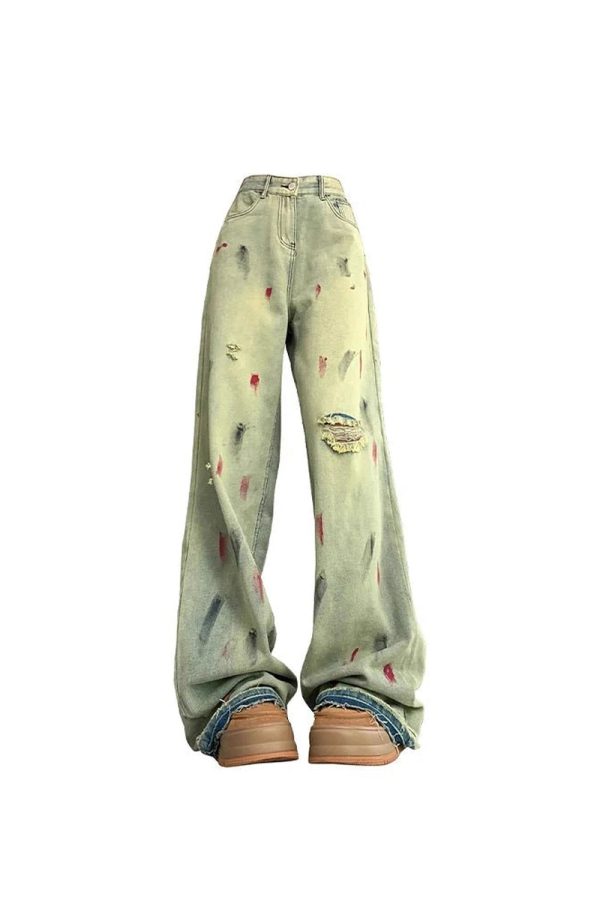 Fall Paint Splatter Grunge Wide-Leg Jeans - Y2K Fashion Outfits 2000s